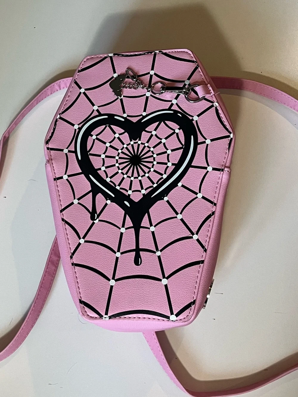 monster high Pink Coffin Back Pack Bag Black Spider Web Heart Goth y2k
